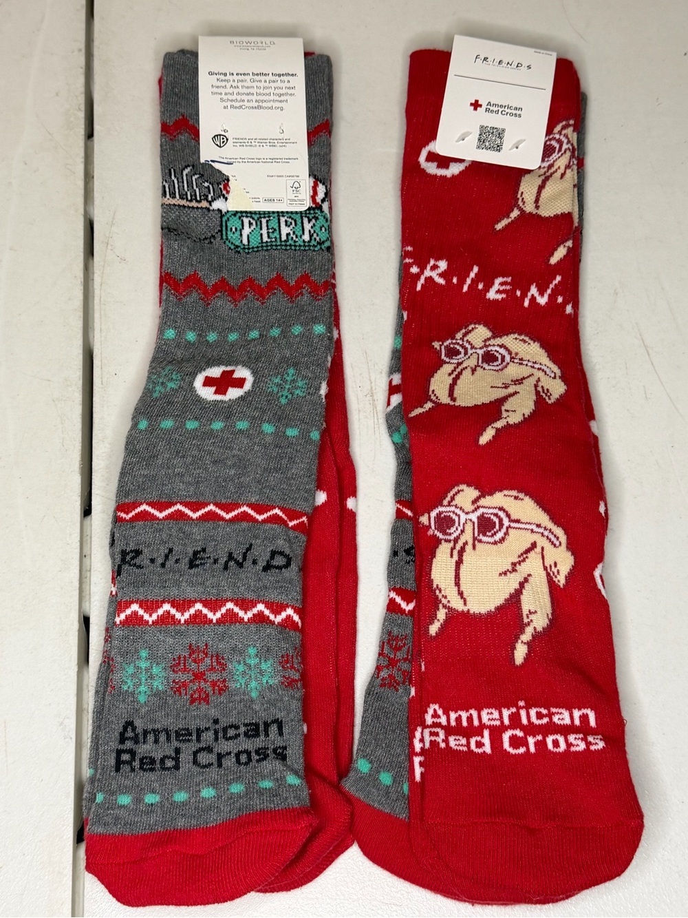FRIENDS Men's Novelty Crew Socks - Red & Gray with Teal Accents